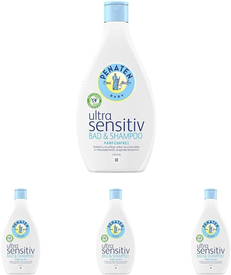 PENATEN Ultra Sensitive Bath & Shampoo (400 ml), bad en shampoo voor baby's bijzonder zacht voor de zeer gevoelige huid van baby's die vatbaar zijn voor neurodermitis, douchegel en haarshampoo zonder parfum en kleurstoffen Kinderen - Bad- en huidverzorging Naty Shop 400 Ml (pak van 4) Wasgel