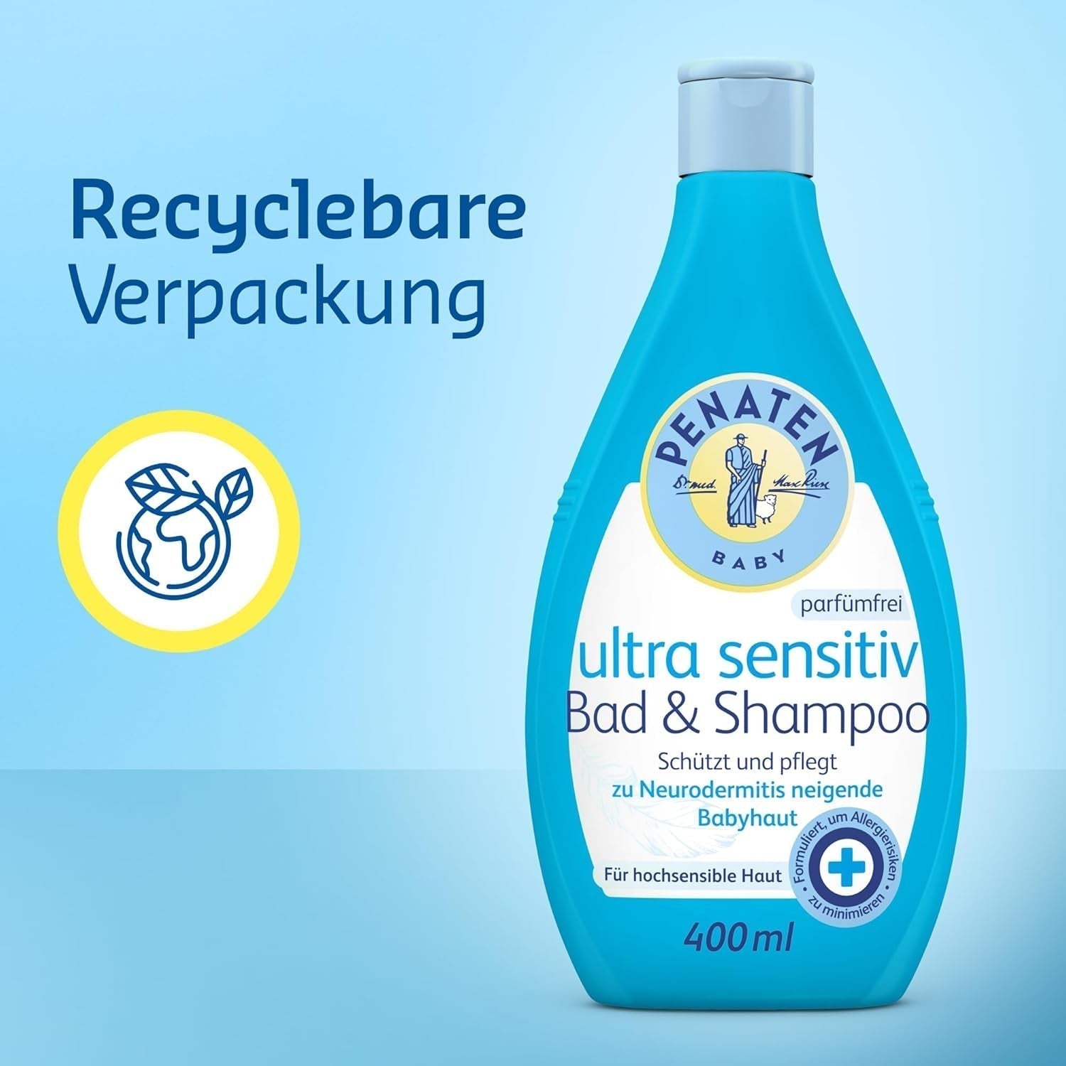 PENATEN Ultra Sensitive Bath & Shampoo (400 ml), bijzonder zacht babybadje en shampoo voor de zeer gevoelige huid van baby's die vatbaar zijn voor neurodermitis, geur- en kleurstofvrije douchegel en haarshampoo Kinderen - Bad- en huidverzorging Naty Shop