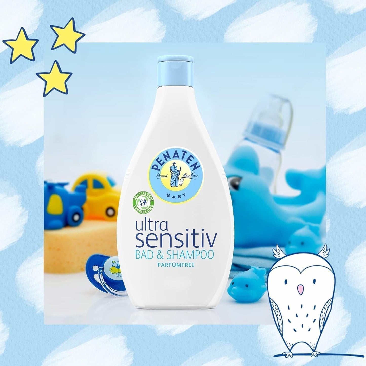 PENATEN Ultra Sensitive Bath & Shampoo (400 ml), bijzonder zacht babybadje en shampoo voor de zeer gevoelige huid van baby's die vatbaar zijn voor neurodermitis, geur- en kleurstofvrije douchegel en haarshampoo Kinderen - Bad- en huidverzorging Naty Shop
