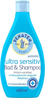 PENATEN Ultra Sensitive Bath & Shampoo (400 ml), babybadje en shampoo bijzonder zacht voor de zeer gevoelige huid van baby's die vatbaar zijn voor neurodermitis, douchegel en haarshampoo zonder parfum en kleurstoffen Kinderen - Bad- en huidverzorging Naty Shop 400 Ml (1 pakje) Wasgel