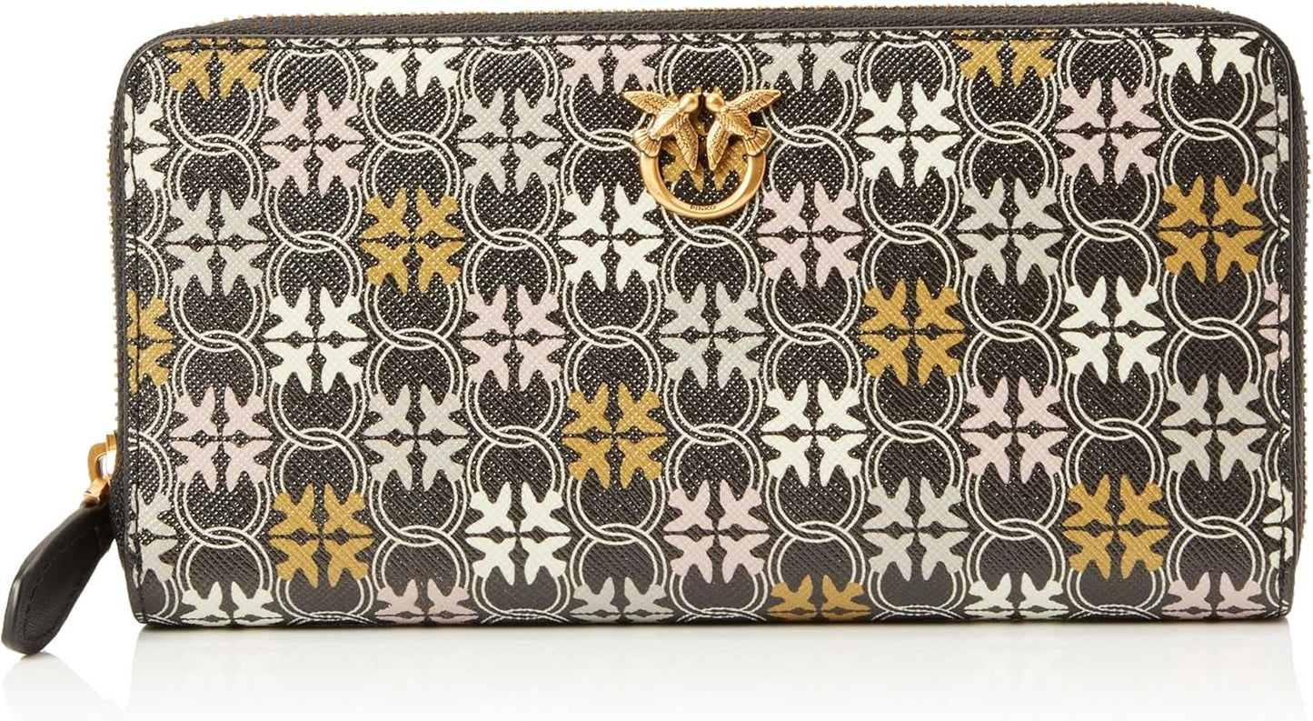Pinko Ryder damesportemonnee met rits rond lederen printlogo, reisaccessoires, Zm7q_zwart/bruin/wit. Antieke Go-portemonnee dames Naty Shop standaardtitel