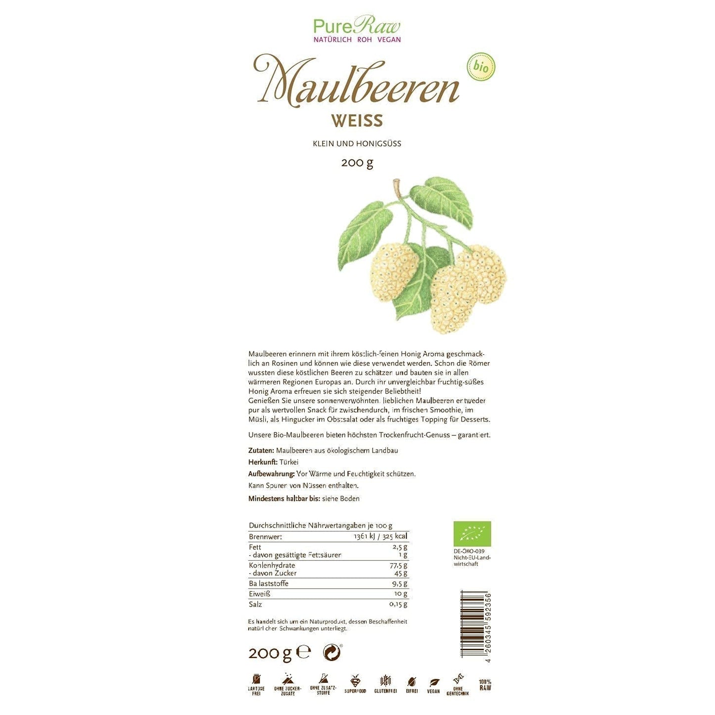 Premium biologische gedroogde (rauwe veganistische) witte moerbeien Morus Alba Mulberry Fruit - Gedroogd fruit zonder toegevoegde suiker uit Turkije - Biologische rauwe witte moerbeien Gedroogd fruit | PureRaw 200g Naty Shop gedehydrateerde producten