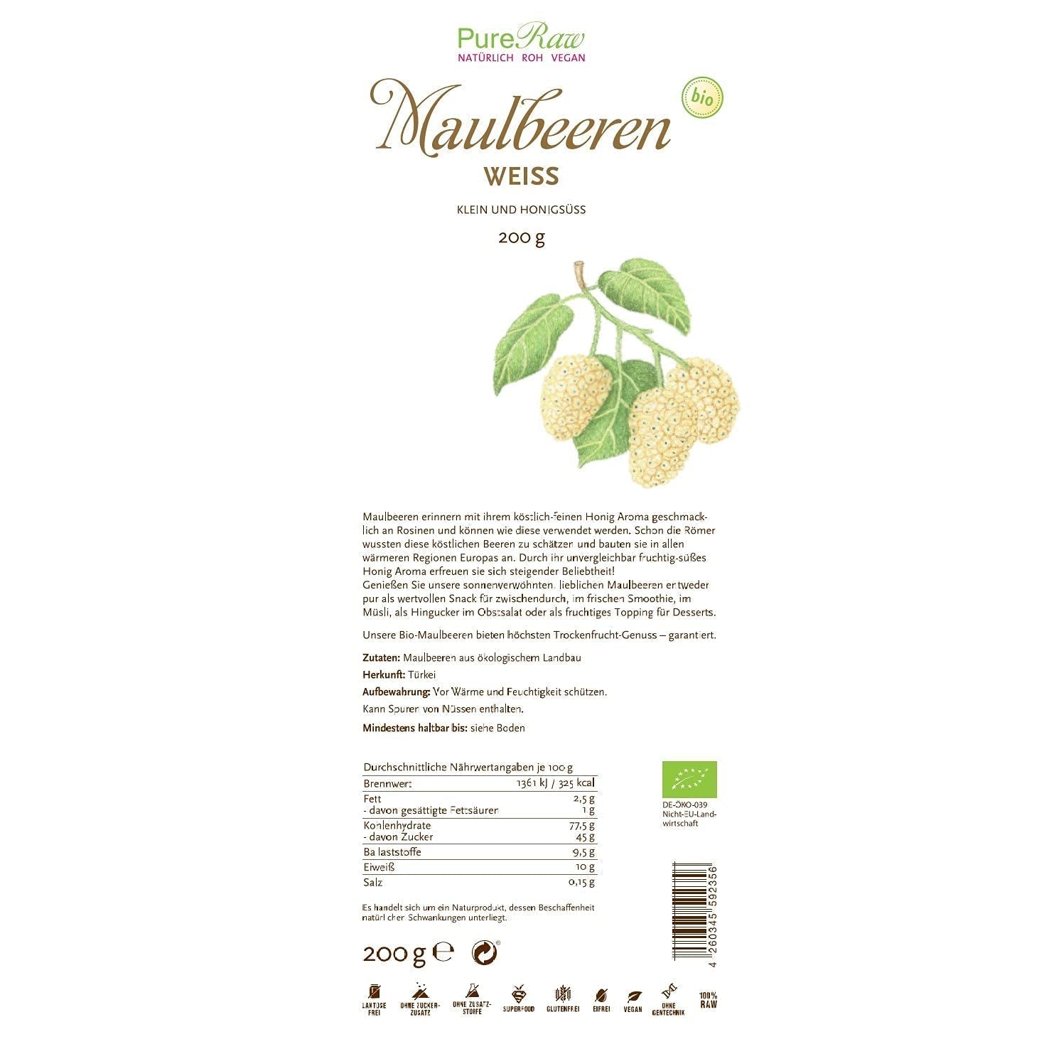 Premium biologische gedroogde (rauwe veganistische) witte moerbeien Morus Alba Mulberry Fruit - Gedroogd fruit zonder toegevoegde suiker uit Turkije - Biologische rauwe witte moerbeien Gedroogd fruit | PureRaw 200g Naty Shop gedehydrateerde producten