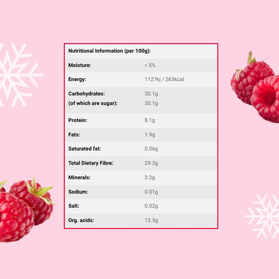 Gevriesdroogd frambozenpoeder 100g - Gevriesdroogd fruitpoeder - Gevriesdroogd frambozenpoeder voor bakken, smoothies en muesli - 100% natuurlijk frambozenpoeder zonder toevoegingen Gedroogde producten Naty Shop