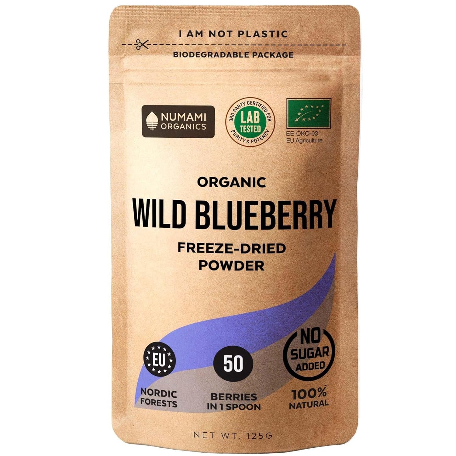 Biologisch wilde bosbessenpoeder, gevriesdroogde hele bosbessen, 100% rauwe voedselkwaliteit, rijk aan antioxidanten en vitamine C, geen toegevoegde suikers, geoogst in Noord-Europa Naty Shop gedehydrateerde producten 125 gram