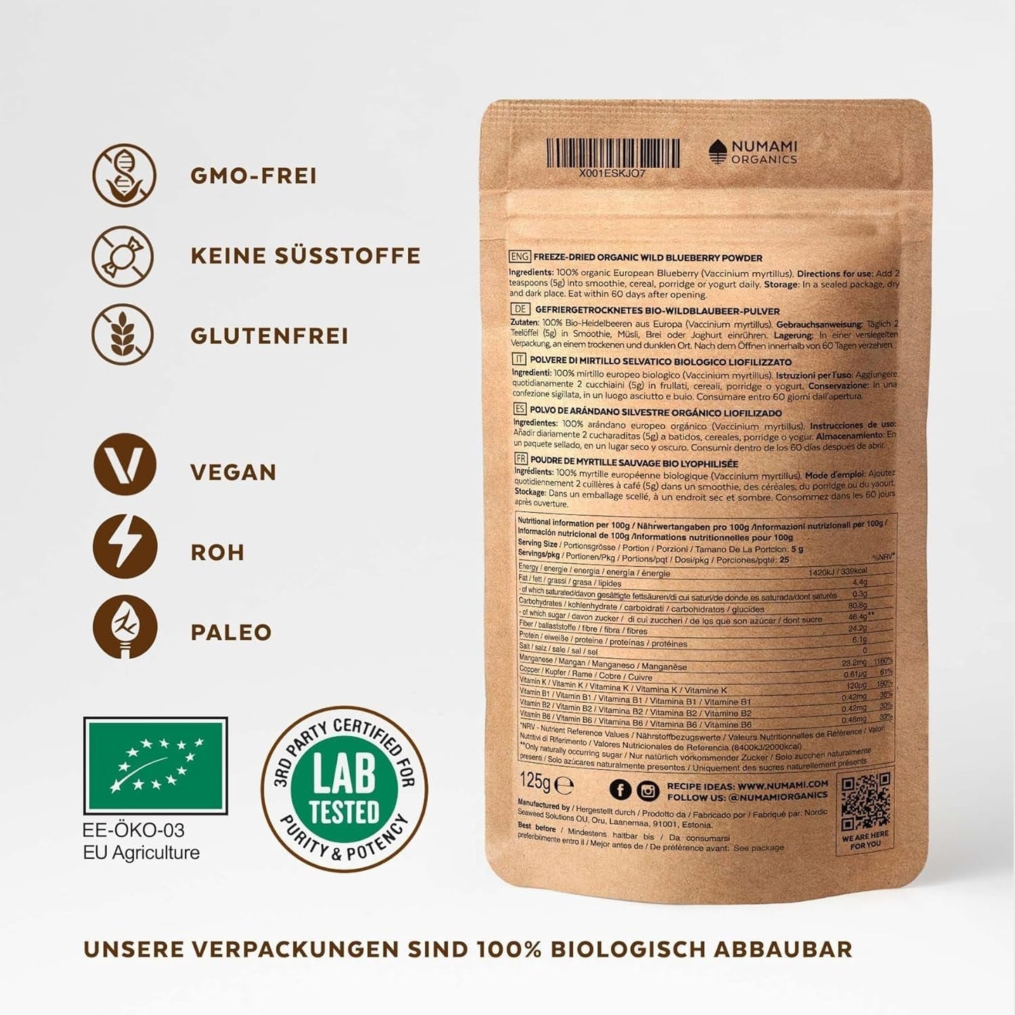 Biologisch wilde bosbessenpoeder, gevriesdroogde hele bosbessen, 100% rauwe voedselkwaliteit, rijk aan antioxidanten en vitamine C, geen toegevoegde suikers, geoogst in Noord-Europa Gedroogde producten Naty Shop