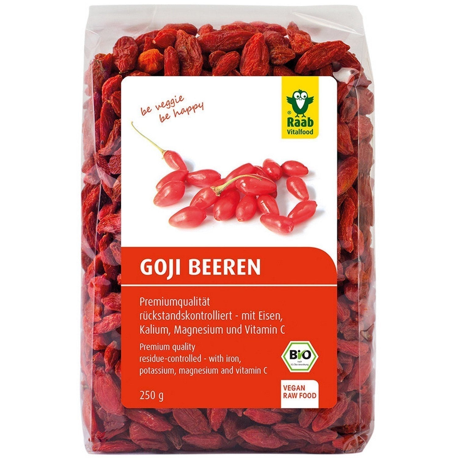 Raab Vitalfood Biologische Goji-bessen, hoge kwaliteit, residugecontroleerd, laboratoriumgetest, zwavelvrij, geen additieven, veganistisch, rijk aan natuurlijk ijzer, kalium, vitamine C, wolfsbes, 1 pakje (250 g) Naty Shop gedehydrateerde producten 250 gram