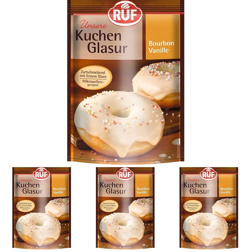 RUF Cake Glaze Bourbon Vanille, 100g in een zak, magnetronbestendig, voor glazuur en decoratie van koekjes, muffins en cakes, glutenvrij (pak van 4) Naty Shop Suikerpasta Standaard titel