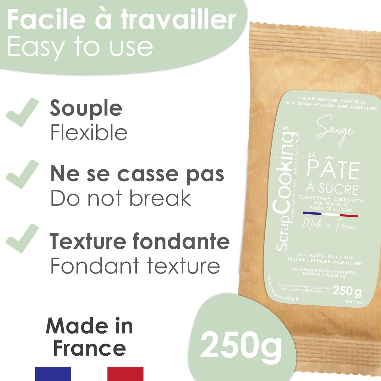 ScrapCooking - Pâte à Sucre Vert Sauge 250g - Kleurstof d'Origine Naturelle - Glutenvrij, Sans Huile de Palme - Pour Gâteaux, Pâtisseries Anniversaire - Vert Pastel - Fabrikie en France - 7621 Suikerpasta Naty Shop
