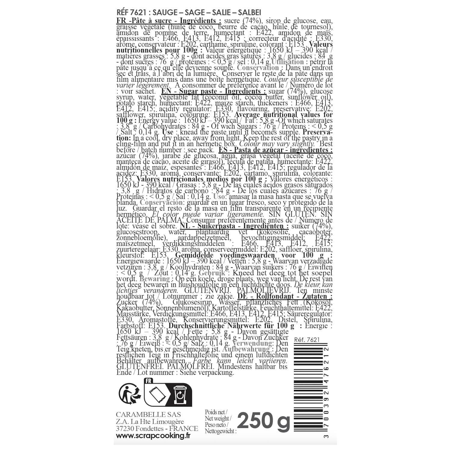 ScrapCooking - Pâte à Sucre Vert Sauge 250g - Kleurstof d'Origine Naturelle - Glutenvrij, Sans Huile de Palme - Pour Gâteaux, Pâtisseries Anniversaire - Vert Pastel - Fabrikie en France - 7621 Suikerpasta Naty Shop