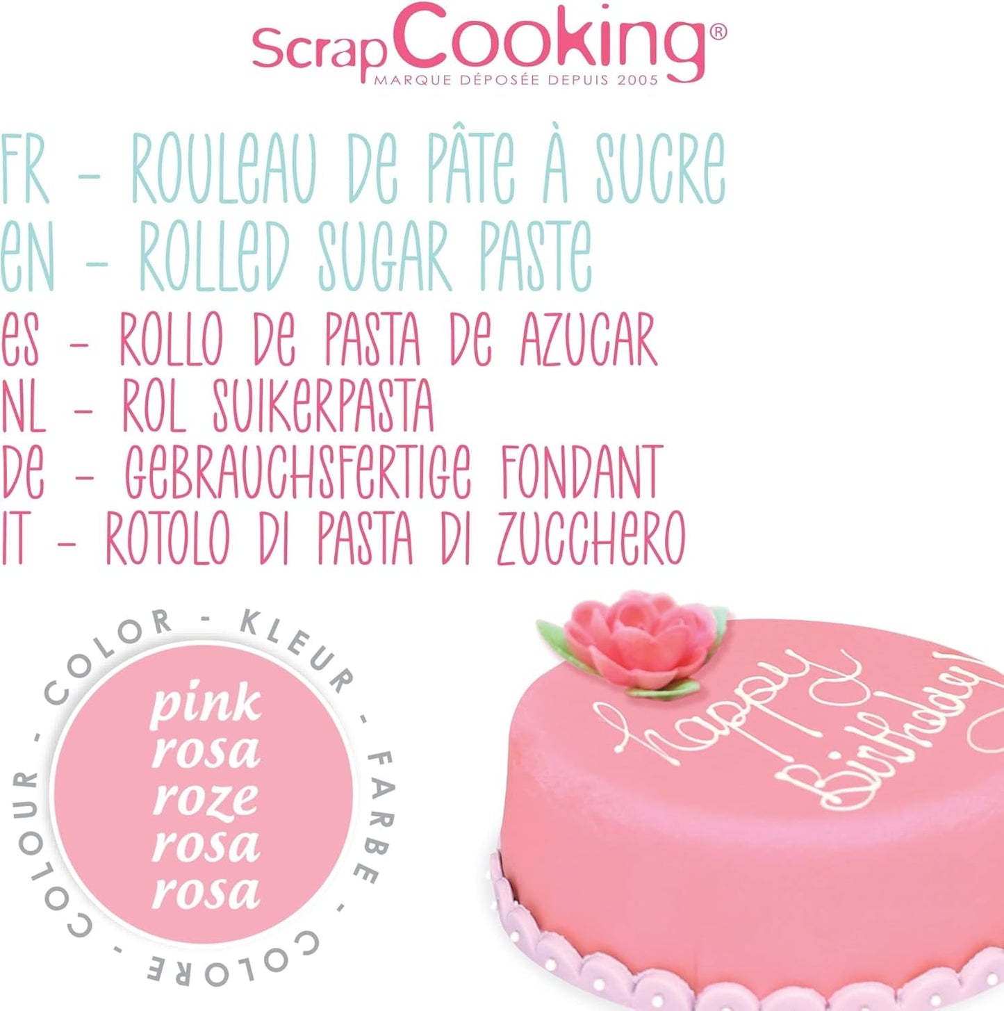 ScrapCooking - Roze fondantrol â'¬ 36 cm - Gerolde zwarte fondant 430 g - Taarttopper fondanttopper decoratie voor taarten, bakken, verjaardagen, feesten - Roze - 7264 Suikerpasta Naty Shop