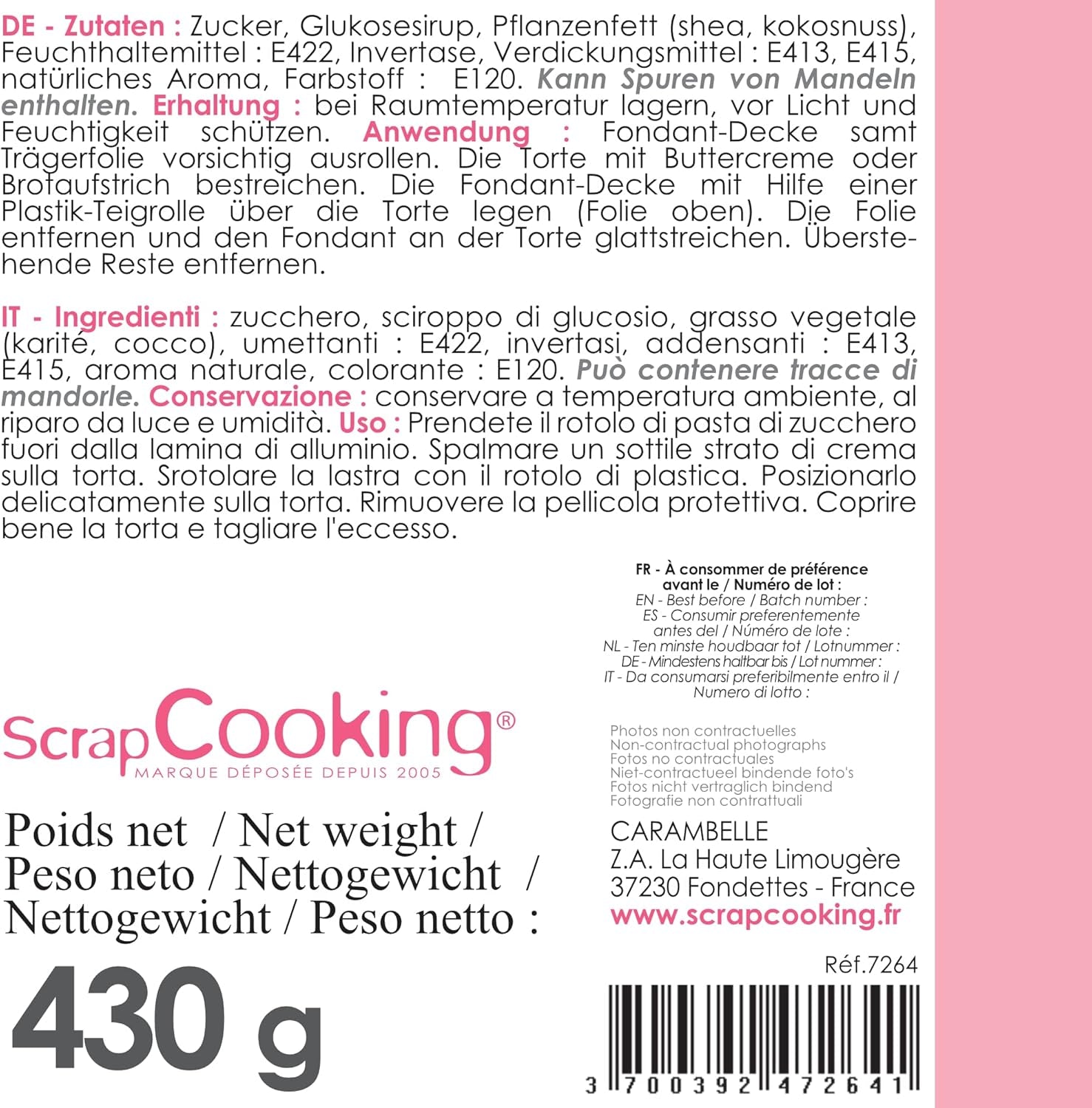 ScrapCooking - Roze fondantrol â'¬ 36 cm - Gerolde zwarte fondant 430 g - Taarttopper fondanttopper decoratie voor taarten, bakken, verjaardagen, feesten - Roze - 7264 Suikerpasta Naty Shop