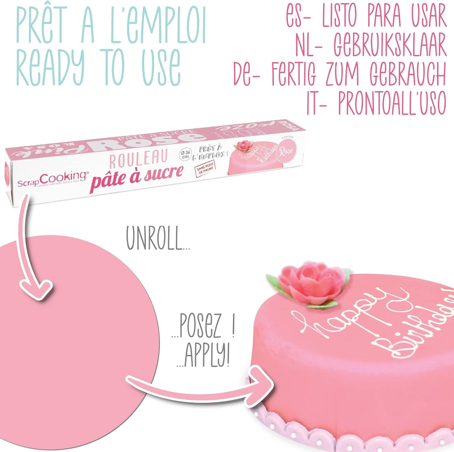 ScrapCooking - Roze fondantrol â'¬ 36 cm - Gerolde zwarte fondant 430 g - Taarttopper fondanttopper decoratie voor taarten, bakken, verjaardagen, feesten - Roze - 7264 Suikerpasta Naty Shop