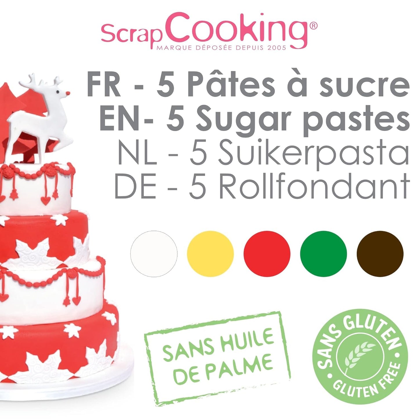 ScrapCooking - Set van 5 Fondant - wit, geel, rood, groen en bruin - 5 x 80g - suikerpasta voor taarten Taartversieringen Verjaardag Kerstmis - glutenvrij en palmolievrij - 7257 Naty Shop Suikerpasta