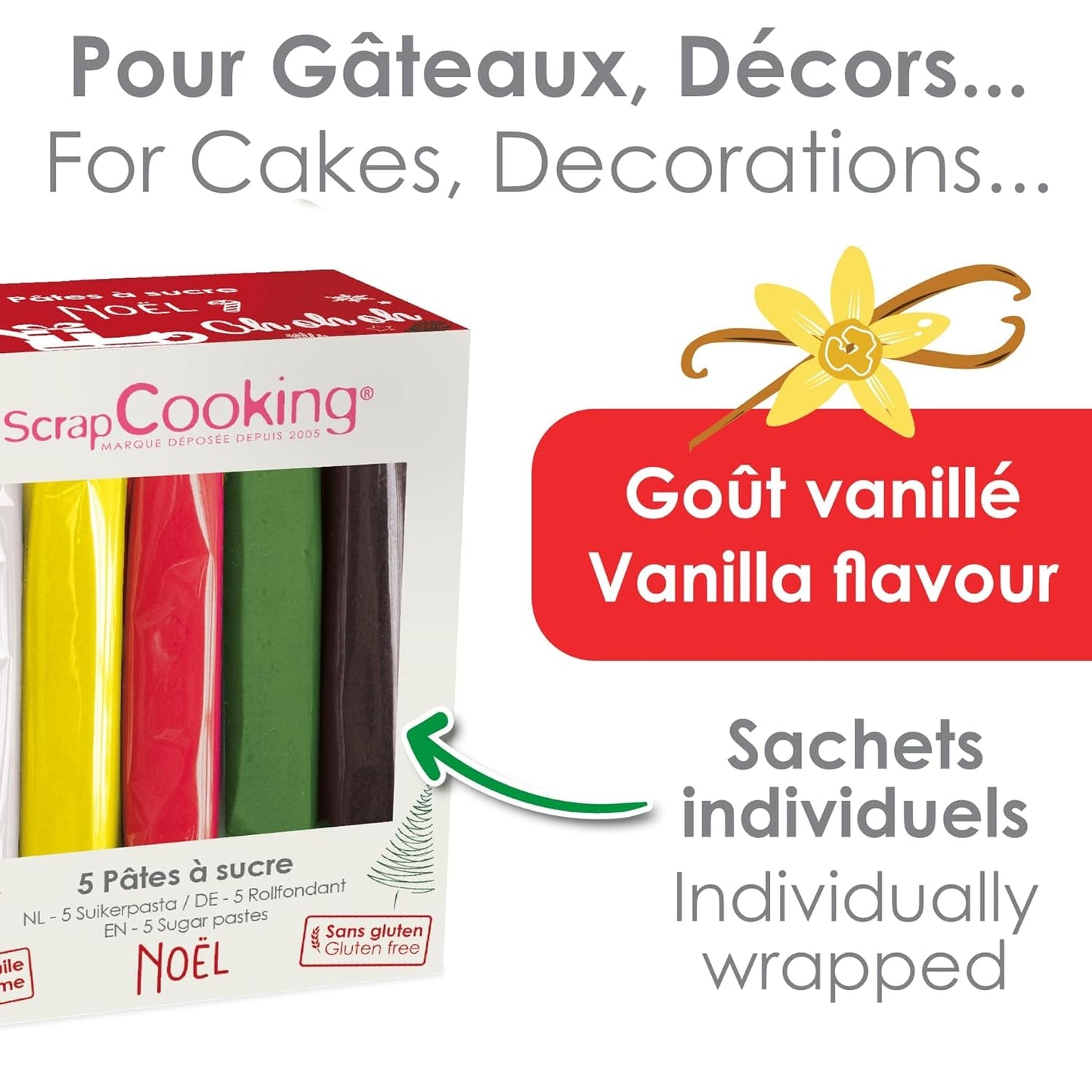 ScrapCooking - Set van 5 Fondant - wit, geel, rood, groen en bruin - 5 x 80g - suikerpasta voor taarten Taartversieringen Verjaardag Kerstmis - glutenvrij en palmolievrij - 7257 Naty Shop Suikerpasta