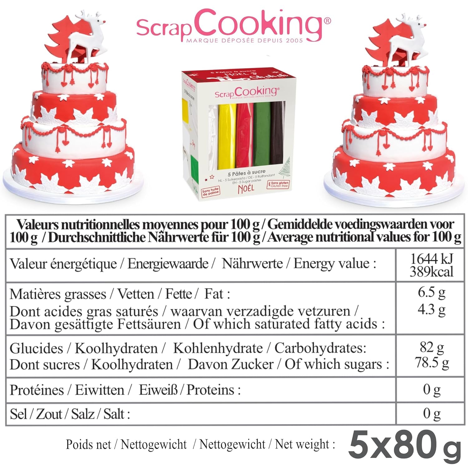 ScrapCooking - Set van 5 Fondant - wit, geel, rood, groen en bruin - 5 x 80g - suikerpasta voor taarten Taartversieringen Verjaardag Kerstmis - glutenvrij en palmolievrij - 7257 Naty Shop Suikerpasta