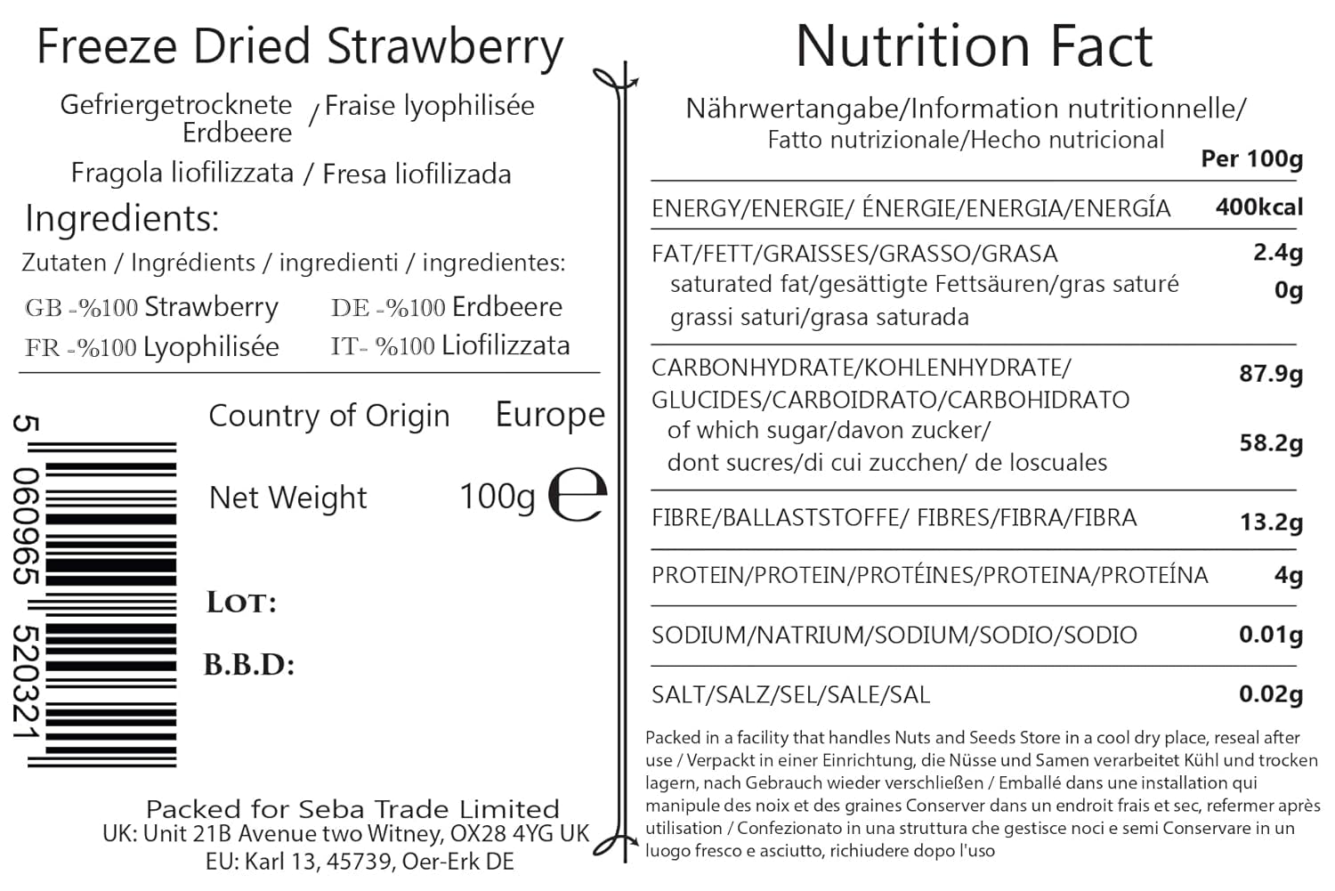 Seba Garden Premium gevriesdroogde aardbeien, heerlijke mediterrane aardbeien, non-GMO en vegan (100 g) Gedroogde producten Mijn winkel