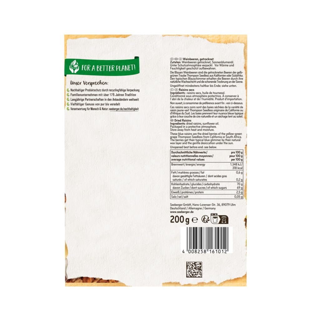 Seeberger Blue Sultana's 13-pack: zoete en sappige Thompson pitloze druivensultana's - voor bakken, koken en snacks - zongedroogd - ongezwaveld, veganistisch (13 x 200 g) Naty Shop gedehydrateerde producten