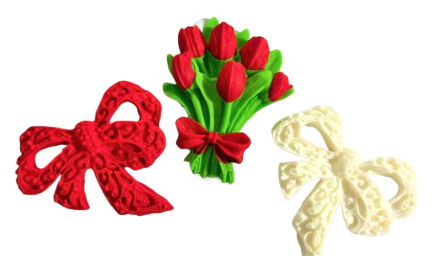 Set van 3 eetbare suikerdecoraties, Boeket tulpen en strikken Decoraties van Sugar Paste Nati Shop