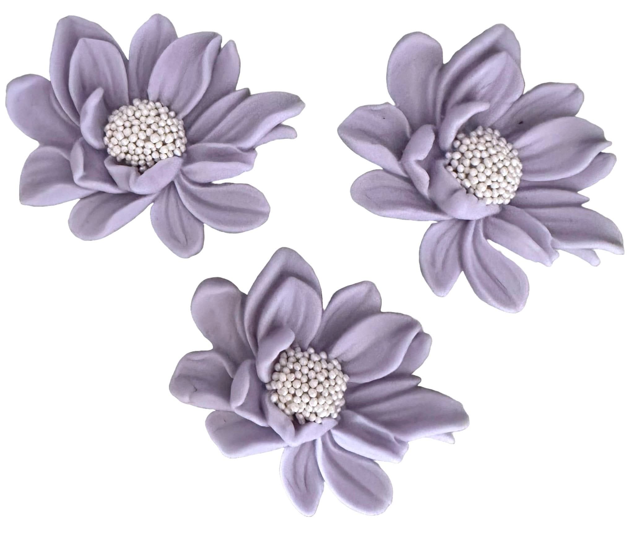 Set van 3 eetbare suikerdecoraties, Lila-paarse bloemen Decoraties van Sugar Paste Nati Shop
