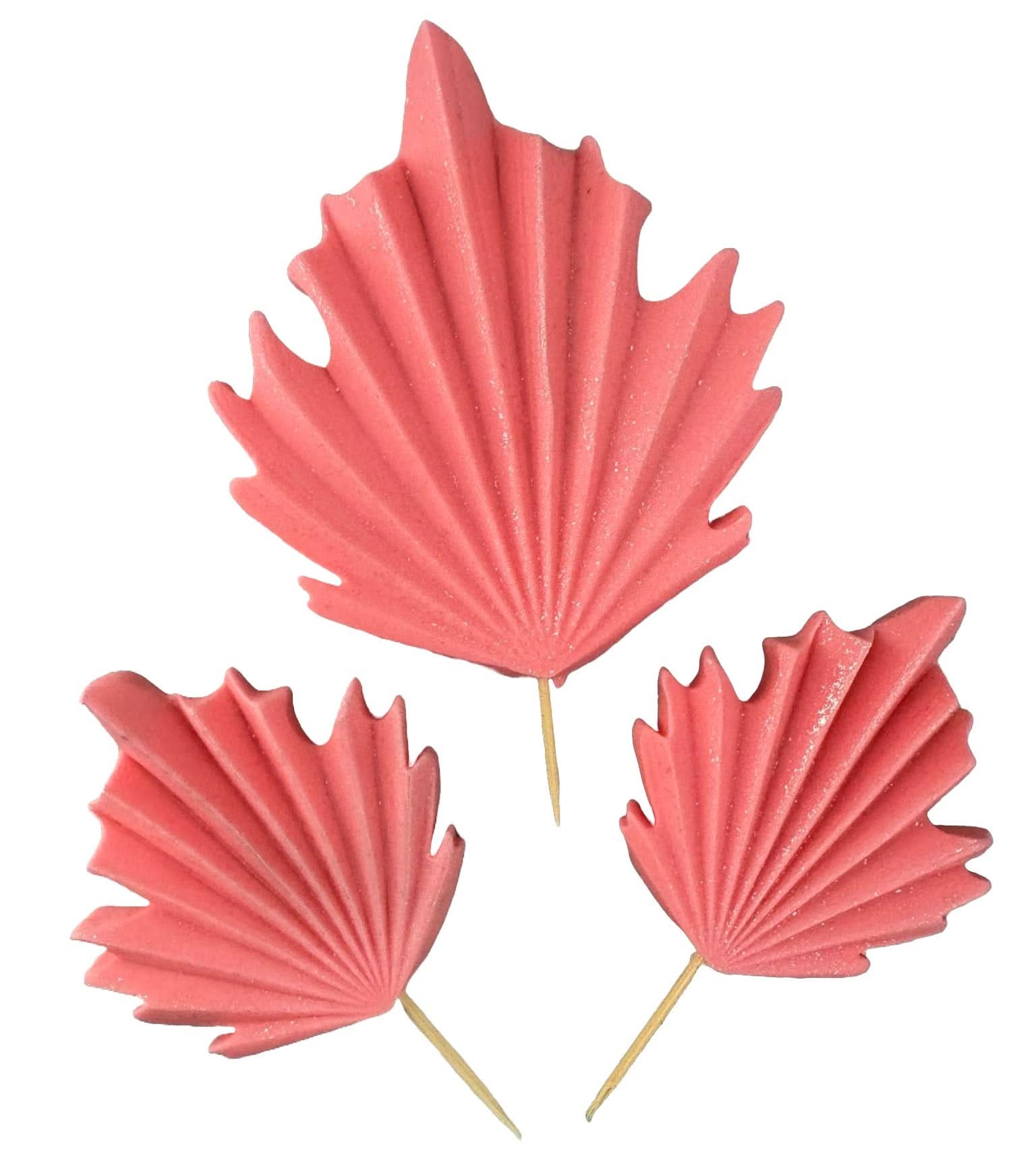 Set van 3 eetbare suikerdecoraties, roze exotische bladeren Decoraties van Sugar Paste Nati Shop