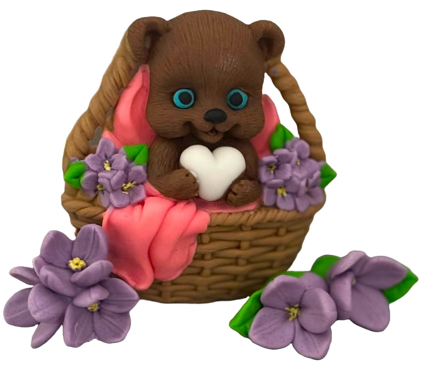 Set van 4 eetbare suikerdecoraties, teddybeer in mand Decoraties van Sugar Paste Nati Shop