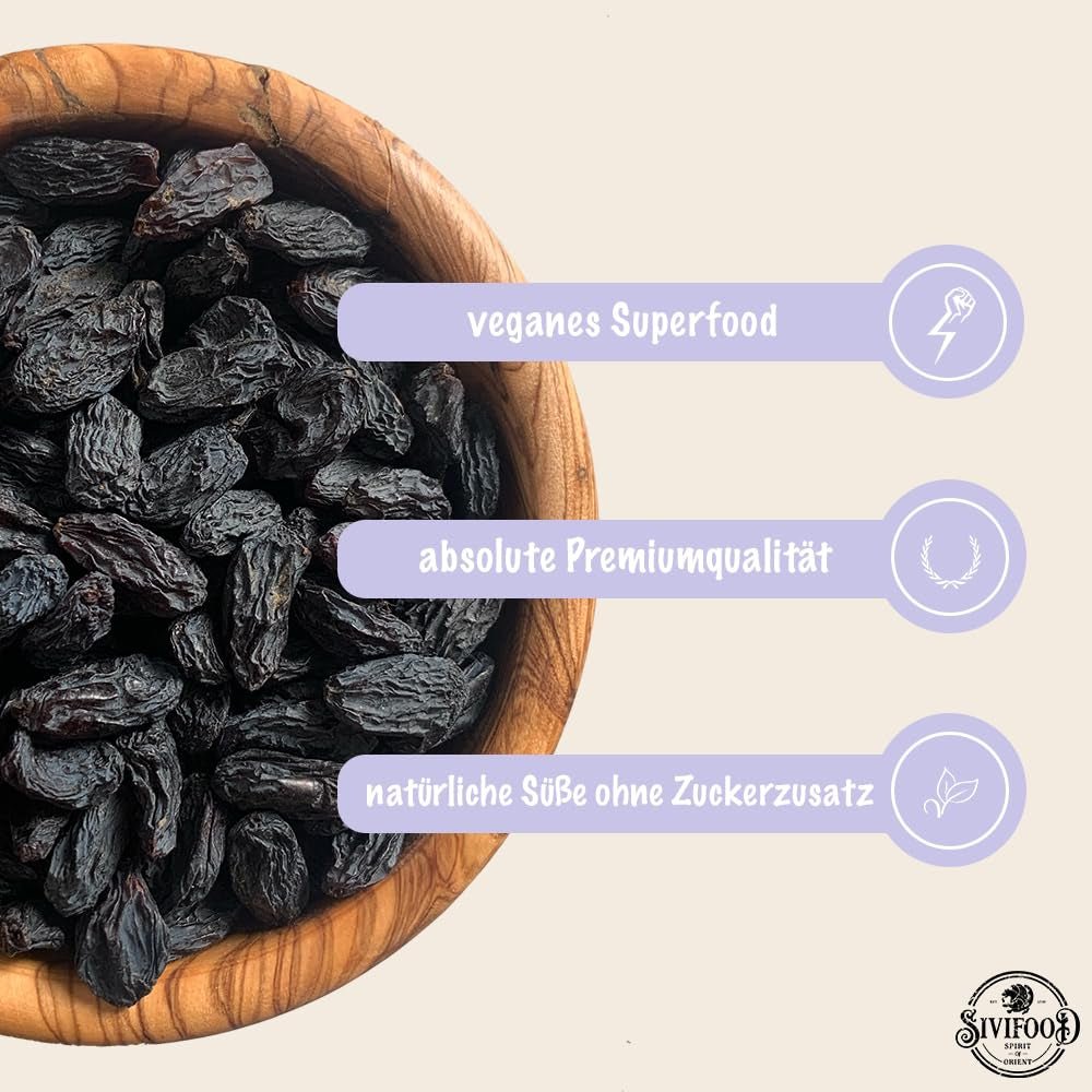 SIVIFOOD jumbo zwarte rozijnen 300g - grote en heerlijke zwarte rozijnen topkwaliteit natuurlijk gedroogde zoete fruitige druiven ongezwaveld ongezoet ongezoet olievrij Kishmish-additieven Gedehydrateerde producten Naty Shop
