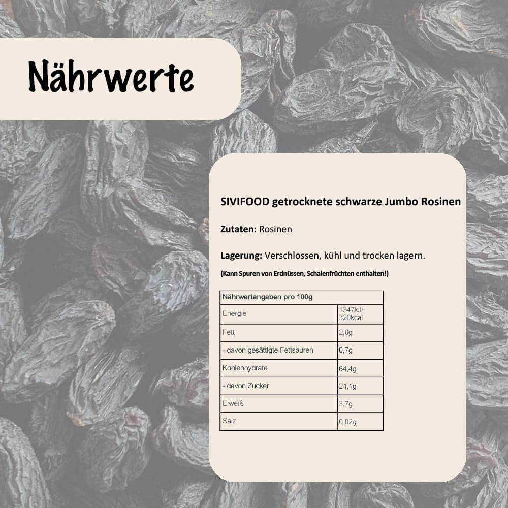 SIVIFOOD jumbo zwarte rozijnen 300g - grote en heerlijke zwarte rozijnen topkwaliteit natuurlijk gedroogde zoete fruitige druiven ongezwaveld ongezoet ongezoet olievrij Kishmish-additieven Gedehydrateerde producten Naty Shop