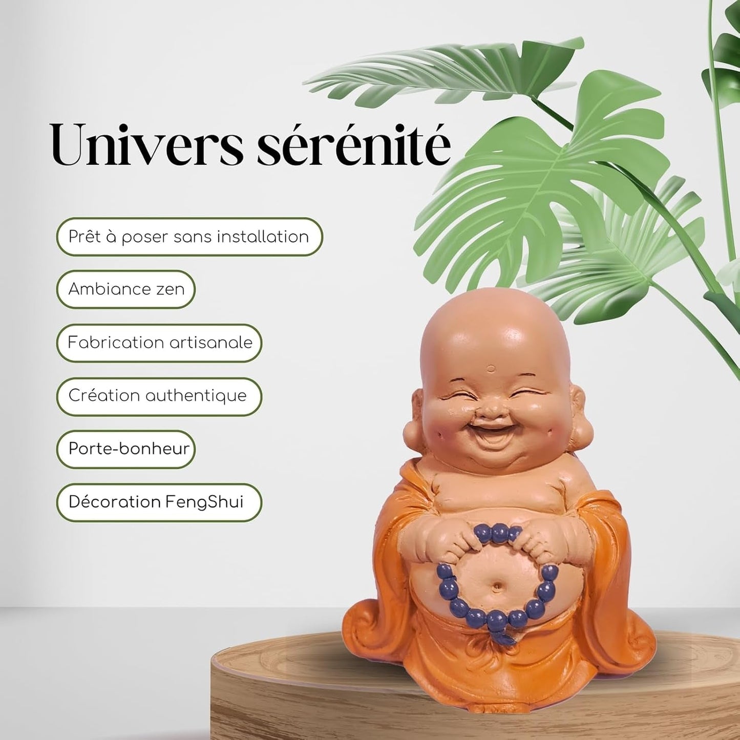 Lachend Boeddhabeeld met rozenkrans - Inspirerend en vrolijk beeldje - Geluksbrenger vol positiviteit - Leuk en spiritueel cadeau-idee - -H 10 cm - Zen'Light Beelden en sculpturen Naty Shop
