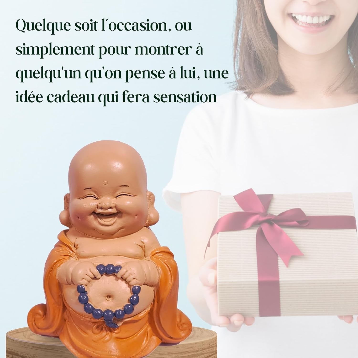 Lachend Boeddhabeeld met rozenkrans - Inspirerend en vrolijk beeldje - Geluksbrenger vol positiviteit - Leuk en spiritueel cadeau-idee - -H 10 cm - Zen'Light Beelden en sculpturen Naty Shop