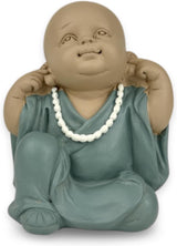 Beeld 3 Lachende Boeddha's - Zie niets - Hoor niets - Zeg niets - Baby Boeddha Symbolisch ensemble - Vreedzame en vrolijke sfeer - Zen decor -H 18 cm - Zen'Light Beeldjes en sculpturen Naty Shop Groen Beige H 10,5