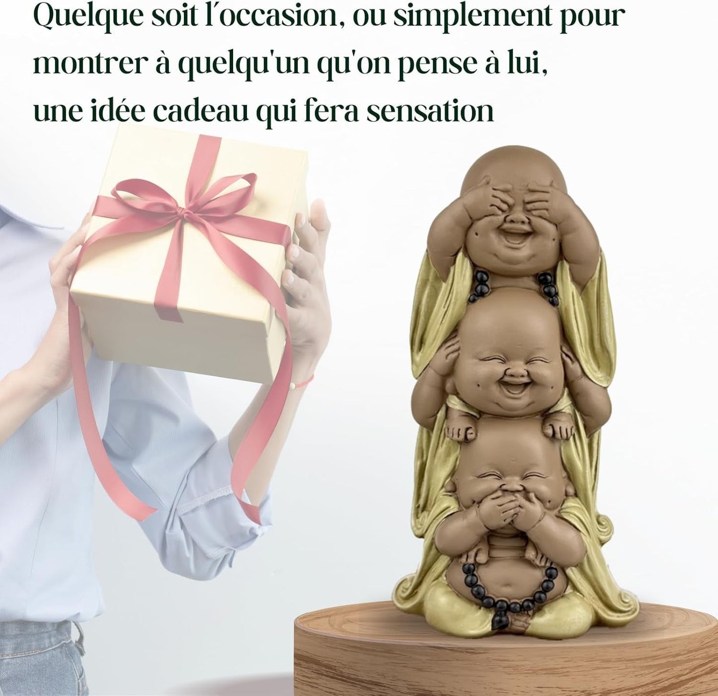 Standbeeld 3 Lachende Boeddha's - Zie niets - Hoor niets - Zeg niets - Baby Boeddha Symbolisch ensemble - Vreedzame en vrolijke stemming - Zen decor -H 18 cm - Zen'Light Beeldjes en sculpturen Naty Shop