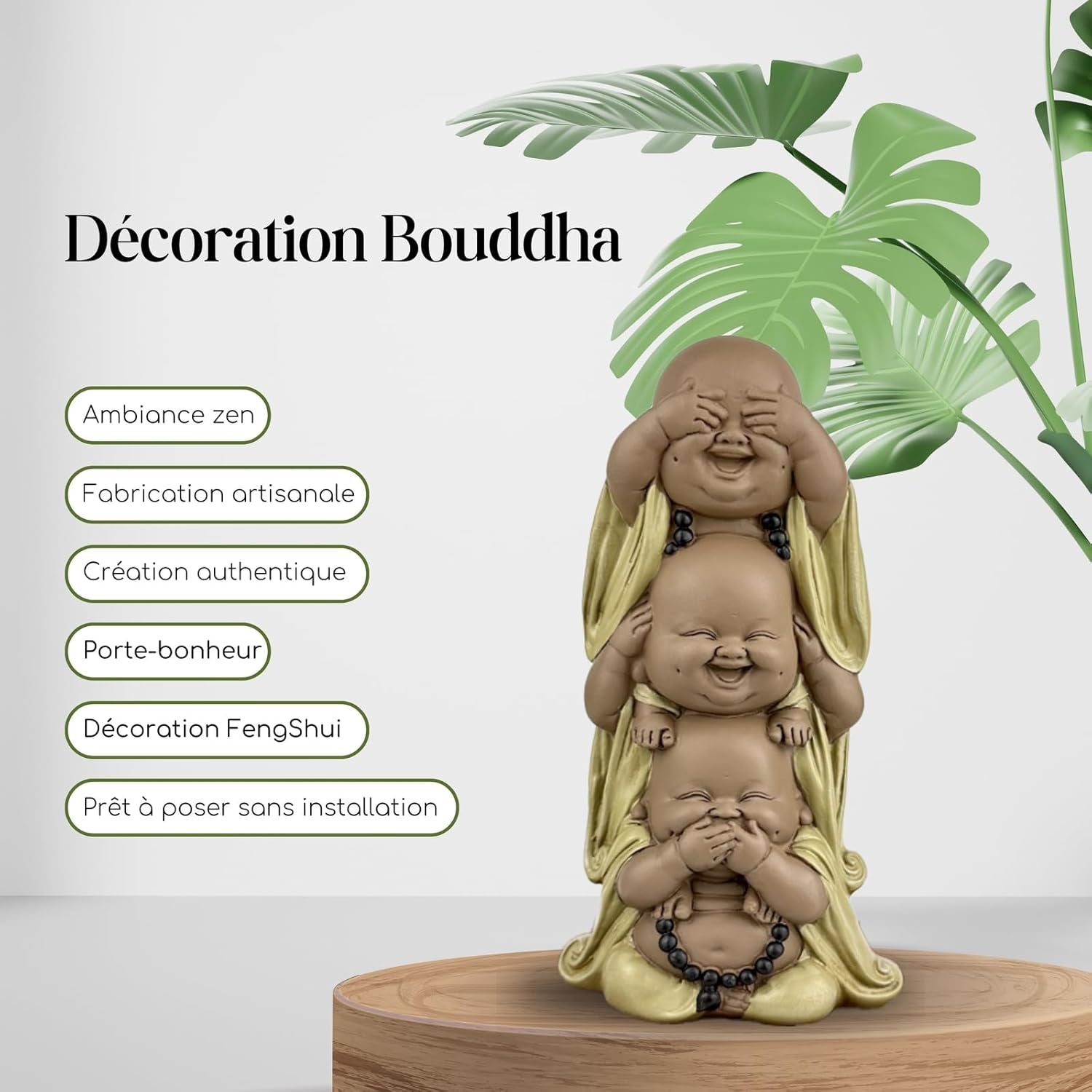 Standbeeld 3 Lachende Boeddha's - Zie niets - Hoor niets - Zeg niets - Baby Boeddha Symbolisch ensemble - Vreedzame en vrolijke stemming - Zen decor -H 18 cm - Zen'Light Beeldjes en sculpturen Naty Shop