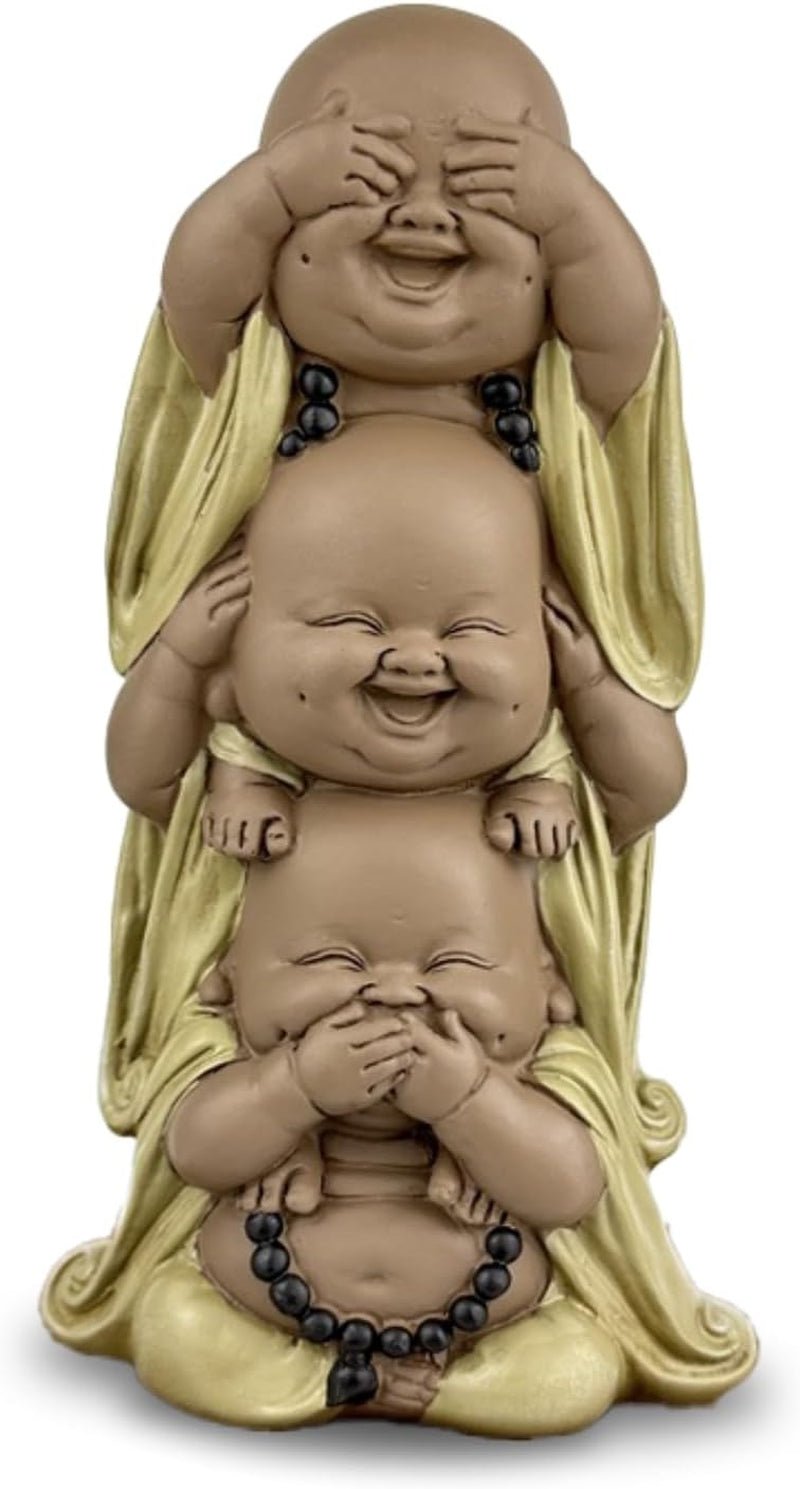 Standbeeld 3 Lachende Boeddha's - Zie niets - Hoor niets - Zeg niets - Baby Boeddha Symbolisch ensemble - Vreedzame en vrolijke sfeer - Zen decor -H 18 cm - Zen'Light Beeldjes en sculpturen Naty Shop Bruin Beige H 18