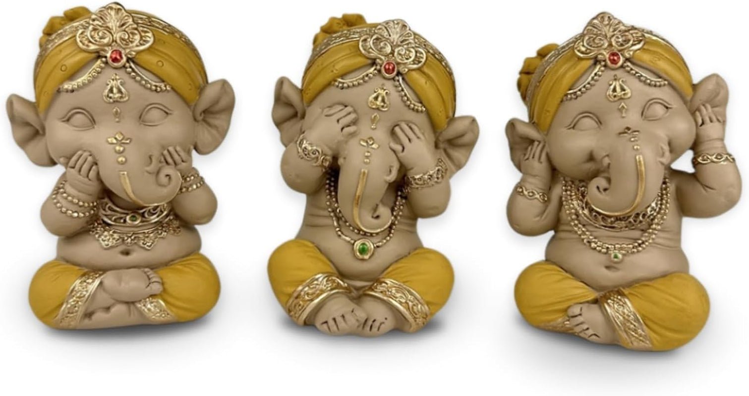 Standbeeld 3 Lachende Boeddha's - Zie niets - Hoor niets - Zeg niets - Baby Boeddha Symbolisch ensemble - Vreedzame en vrolijke sfeer - Zen decor -H 18 cm - Zen'Light Beeldjes en sculpturen Naty Shop Goudgeel H 9