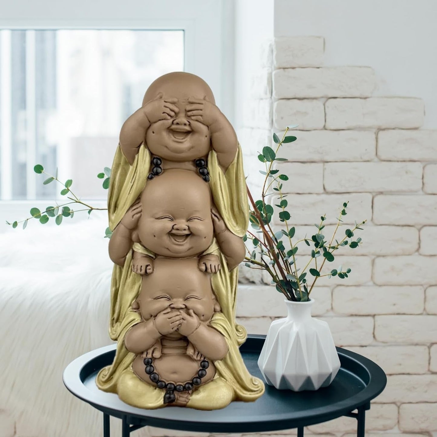 Standbeeld 3 Lachende Boeddha's - Zie niets - Hoor niets - Zeg niets - Baby Boeddha Symbolisch ensemble - Vreedzame en vrolijke stemming - Zen decor -H 18 cm - Zen'Light Beeldjes en sculpturen Naty Shop