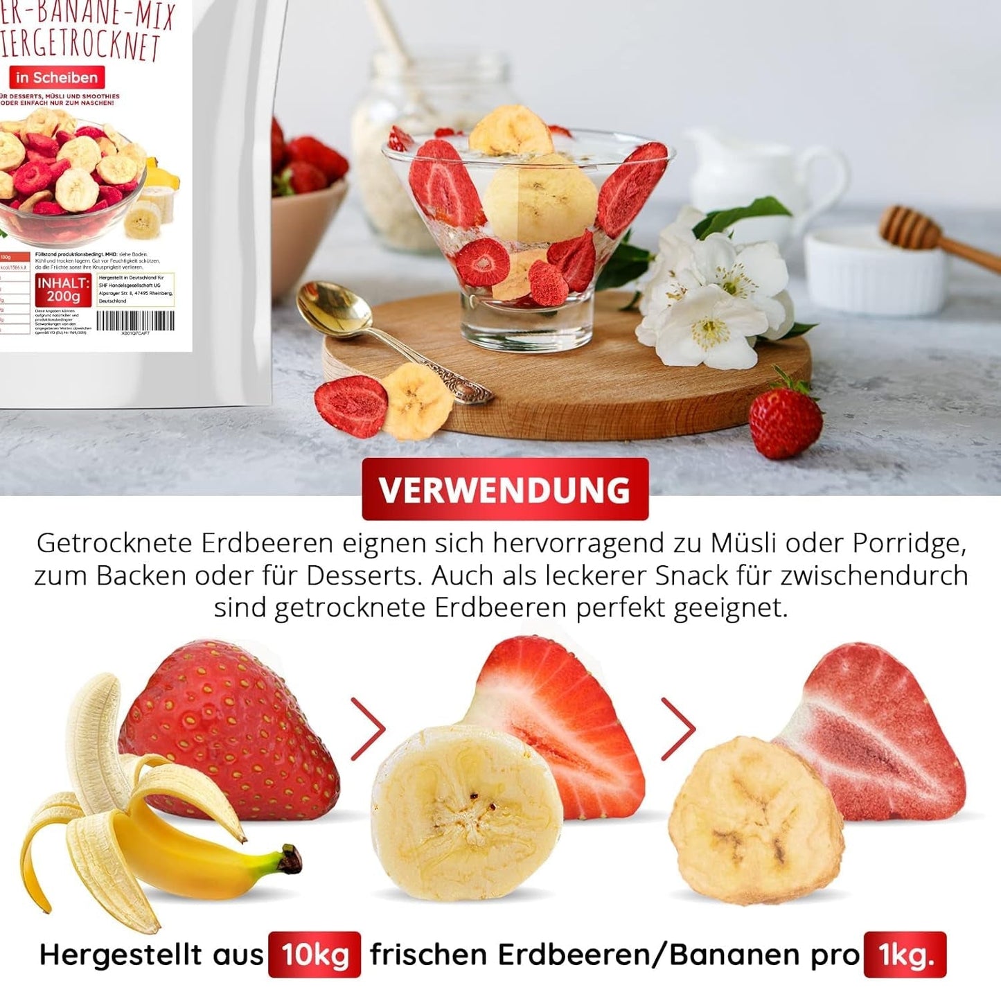 Aardbei-bananenmix 200g - gevriesdroogde aardbeien en gevriesdroogde bananen als heerlijk tussendoortje in een zakje Gedroogde producten Naty Shop