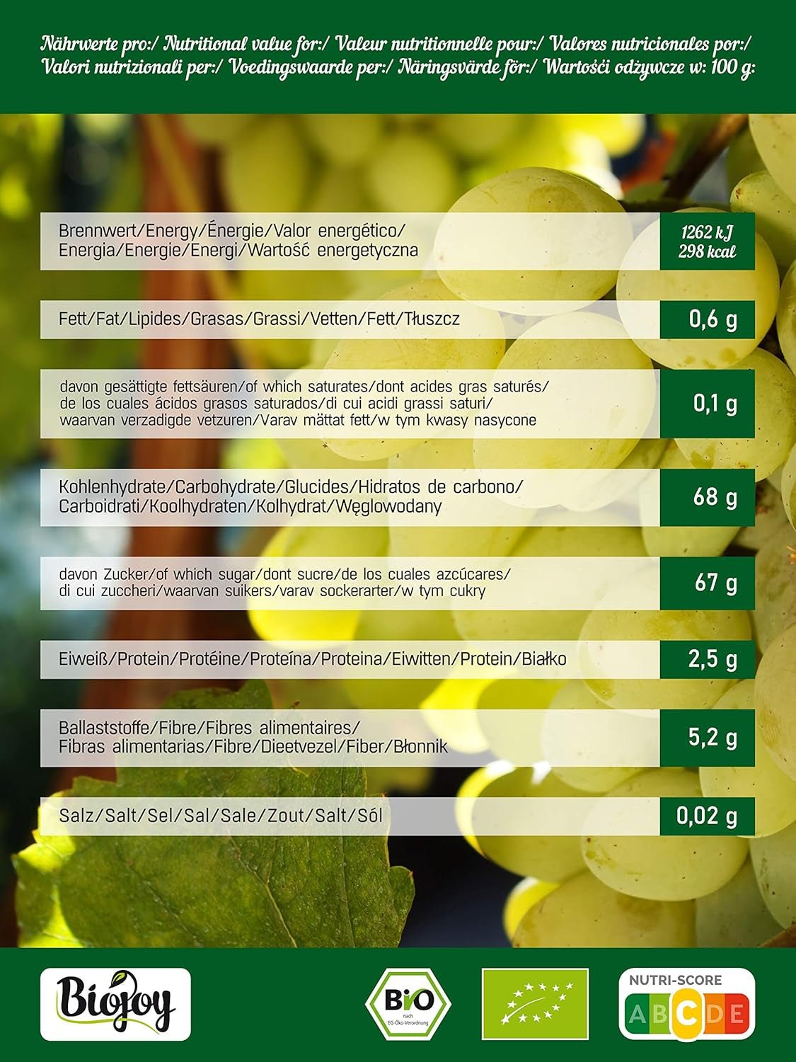 Biojoy biologische rozijnen (500 g), gedroogde en ongezwavelde Naty Shop gedehydrateerde producten