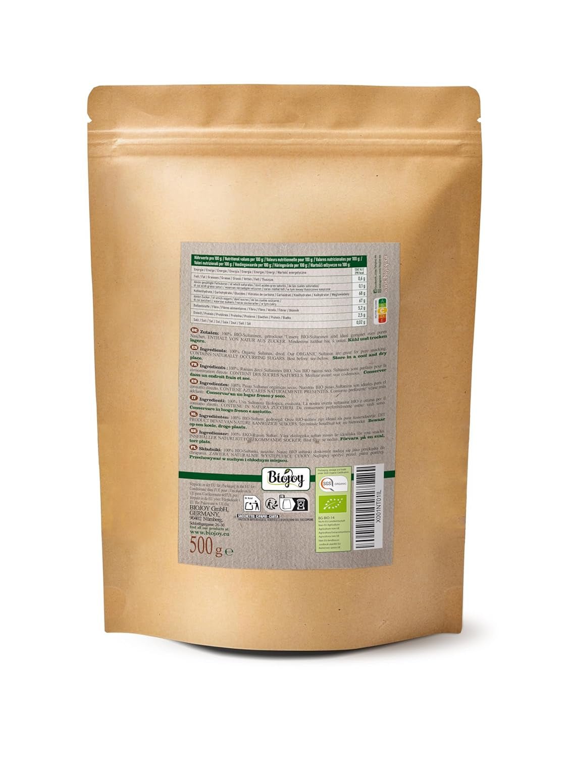 Biojoy biologische rozijnen (500 g), gedroogde en ongezwavelde Naty Shop gedehydrateerde producten