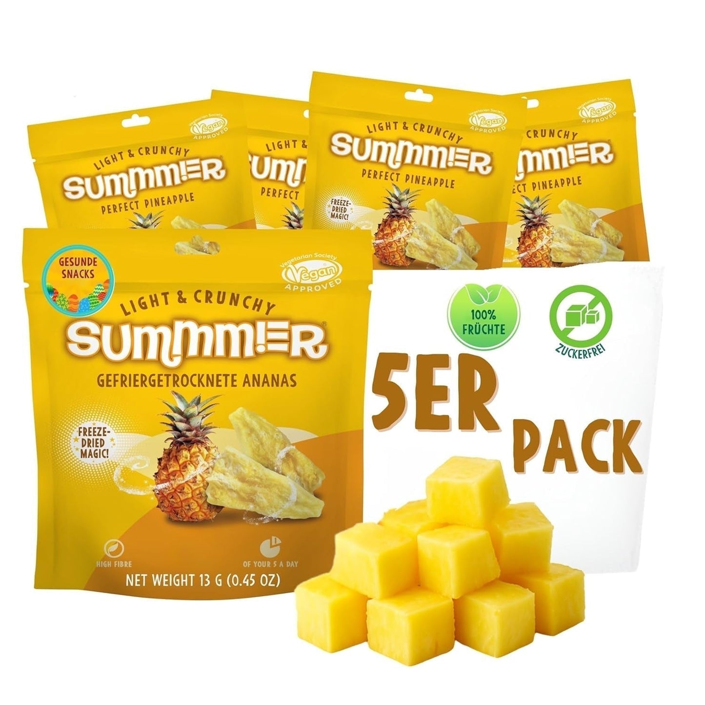 Summer gevriesdroogde aardbeien - pakje van 5 - suikervrije, 100% natuurlijke, heerlijke knapperige snacks voor kinderen en volwassenen, ideaal voor ontbijtgranen en lunchboxen (55g) Gedroogde producten Naty Shop Pak van 5 Ananas