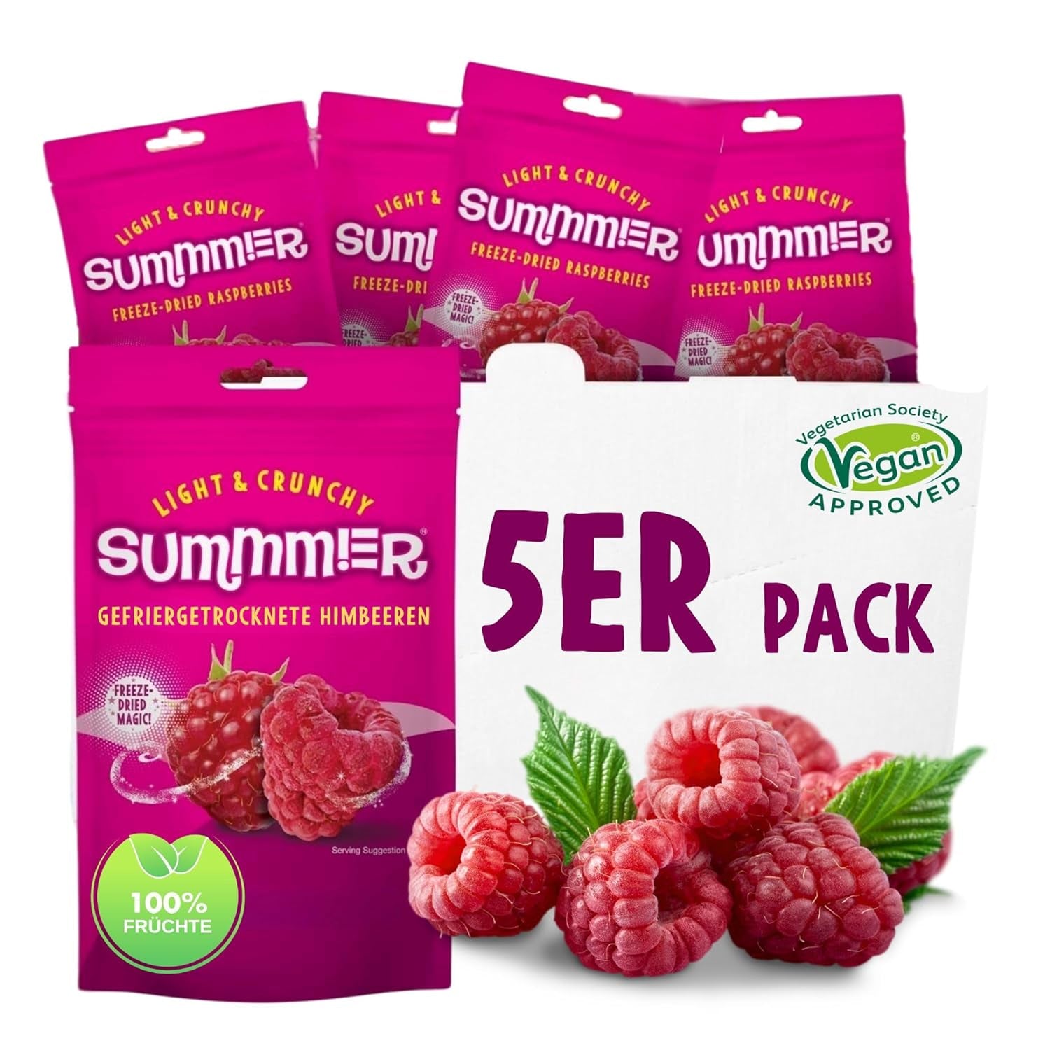 Summer Gevriesdroogde Aardbeien - Pak van 5 - Suikervrij, 100% natuurlijk, heerlijke knapperige snacks voor kinderen en volwassenen, Ideaal voor granen en lunchboxen (55g) Gedehydrateerde producten Naty Shop Pak van 5 Frambozen