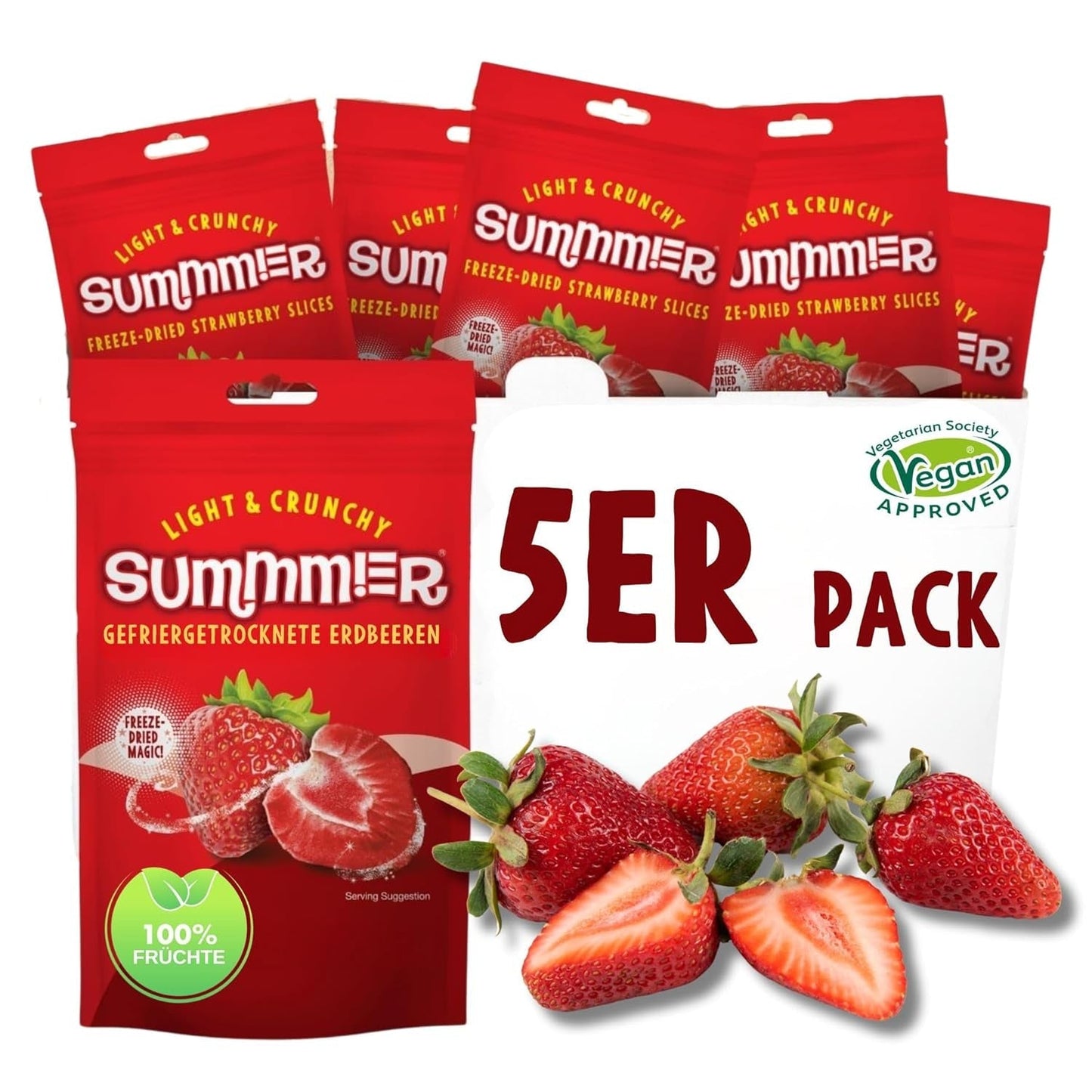 Summer gevriesdroogde aardbeien - pakje van 5 - suikervrije, 100% natuurlijke, heerlijke knapperige snacks voor kinderen en volwassenen, ideaal voor ontbijtgranen en lunchboxen (55g) Gedroogde producten Naty Shop Pak van 5 Aardbeien