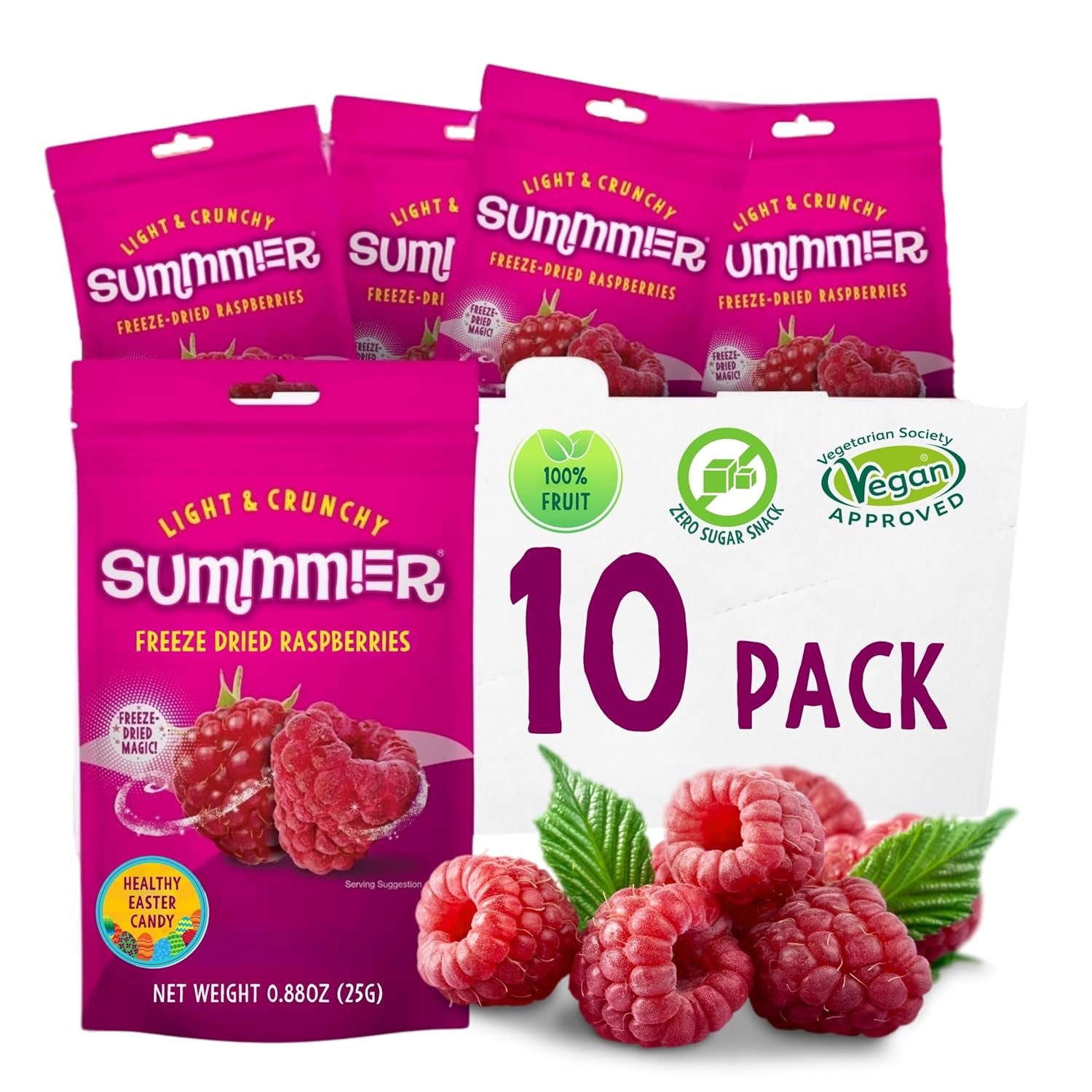 Summer gevriesdroogde aardbeien - pakje van 5 - suikervrije, 100% natuurlijke, heerlijke knapperige snacks voor kinderen en volwassenen, ideaal voor ontbijtgranen en lunchboxen (55g) Gedroogde producten Naty Shop Pak van 10 frambozen