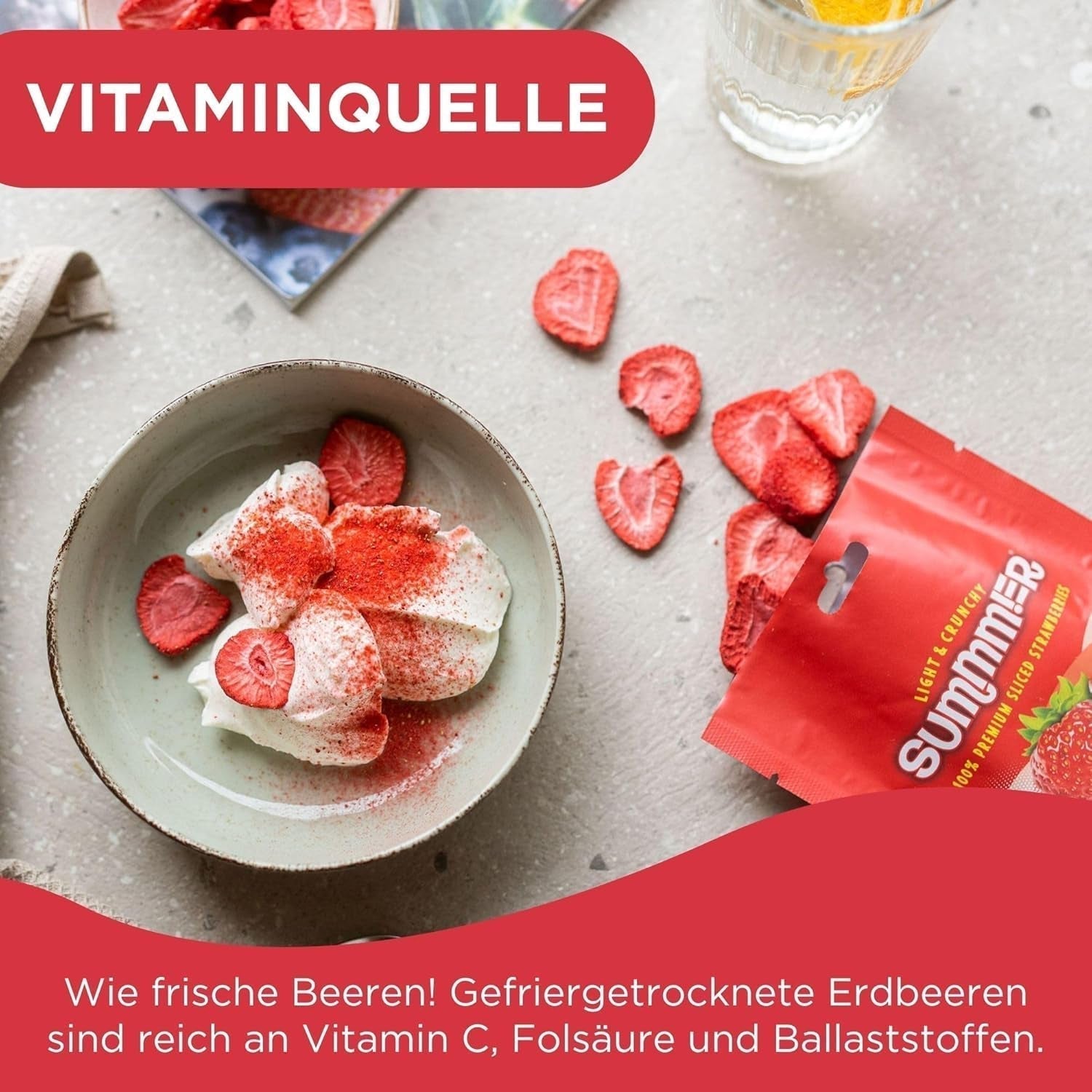Summer gevriesdroogde aardbeien - pakje van 5 - suikervrij, 100% natuurlijk, heerlijke knapperige snacks voor kinderen en volwassenen, ideaal voor ontbijtgranen en lunchboxen (55g) Gedroogde producten Naty Shop
