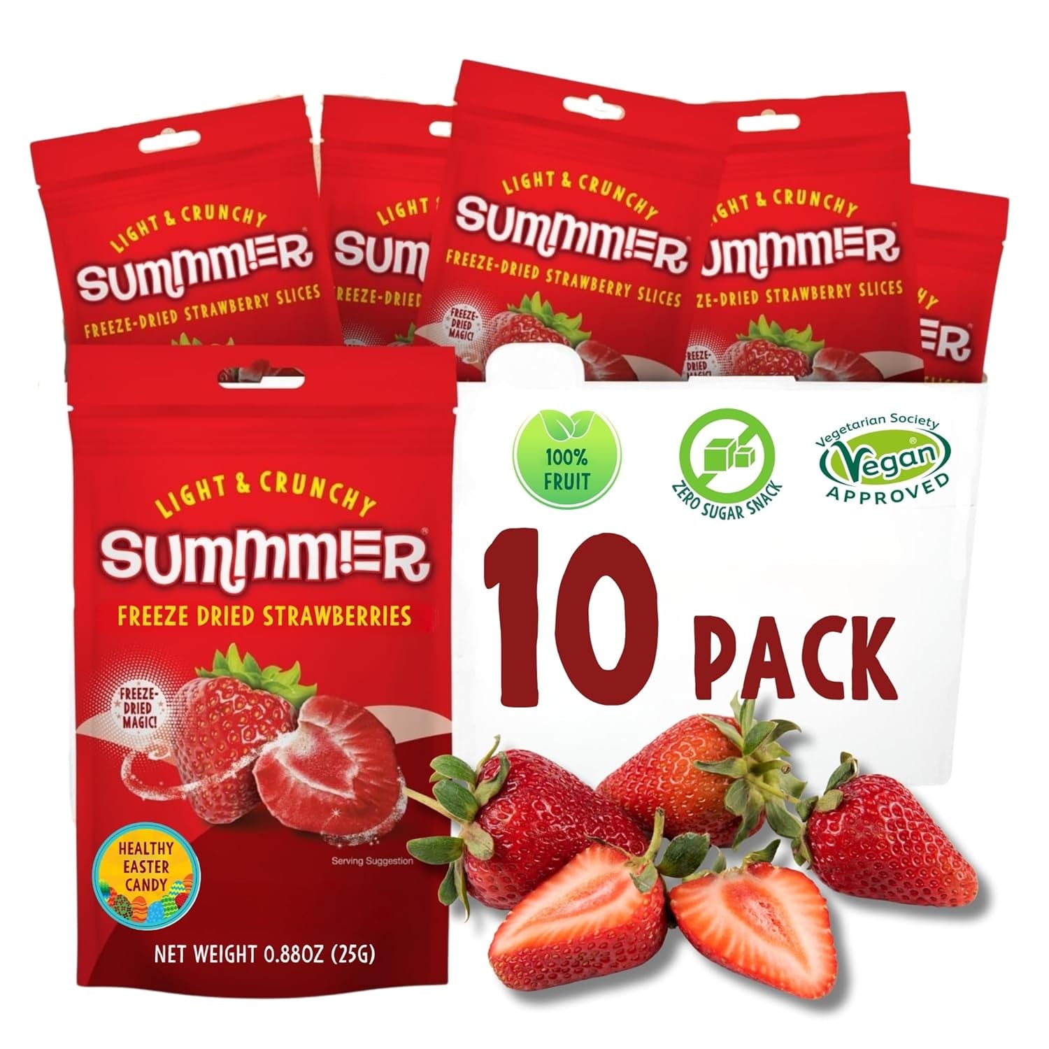 Summer gevriesdroogde aardbeien - pakje van 5 - suikervrije, 100% natuurlijke, heerlijke knapperige snacks voor kinderen en volwassenen, ideaal voor ontbijtgranen en lunchboxen (55g) Gedroogde producten Naty Shop Pak van 10 Aardbeien