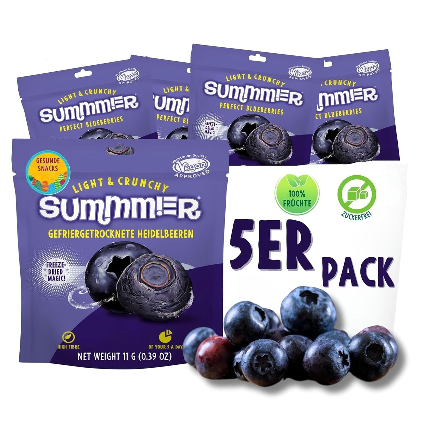 Summer gevriesdroogde aardbeien - pakje van 5 - suikervrije, 100% natuurlijke, heerlijke knapperige snacks voor kinderen en volwassenen, ideaal voor ontbijtgranen en lunchboxen (55g) Gedroogde producten Naty Shop Pak van 5 Bosbessen