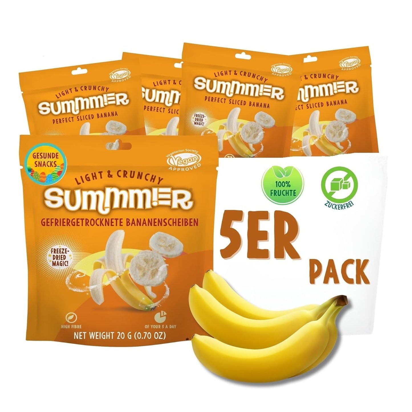 Summer gevriesdroogde aardbeien - pakje van 5 - suikervrije, 100% natuurlijke, heerlijke knapperige snacks voor kinderen en volwassenen, ideaal voor ontbijtgranen en lunchboxen (55g) Gedroogde producten Naty Shop Pak van 5 Banaan
