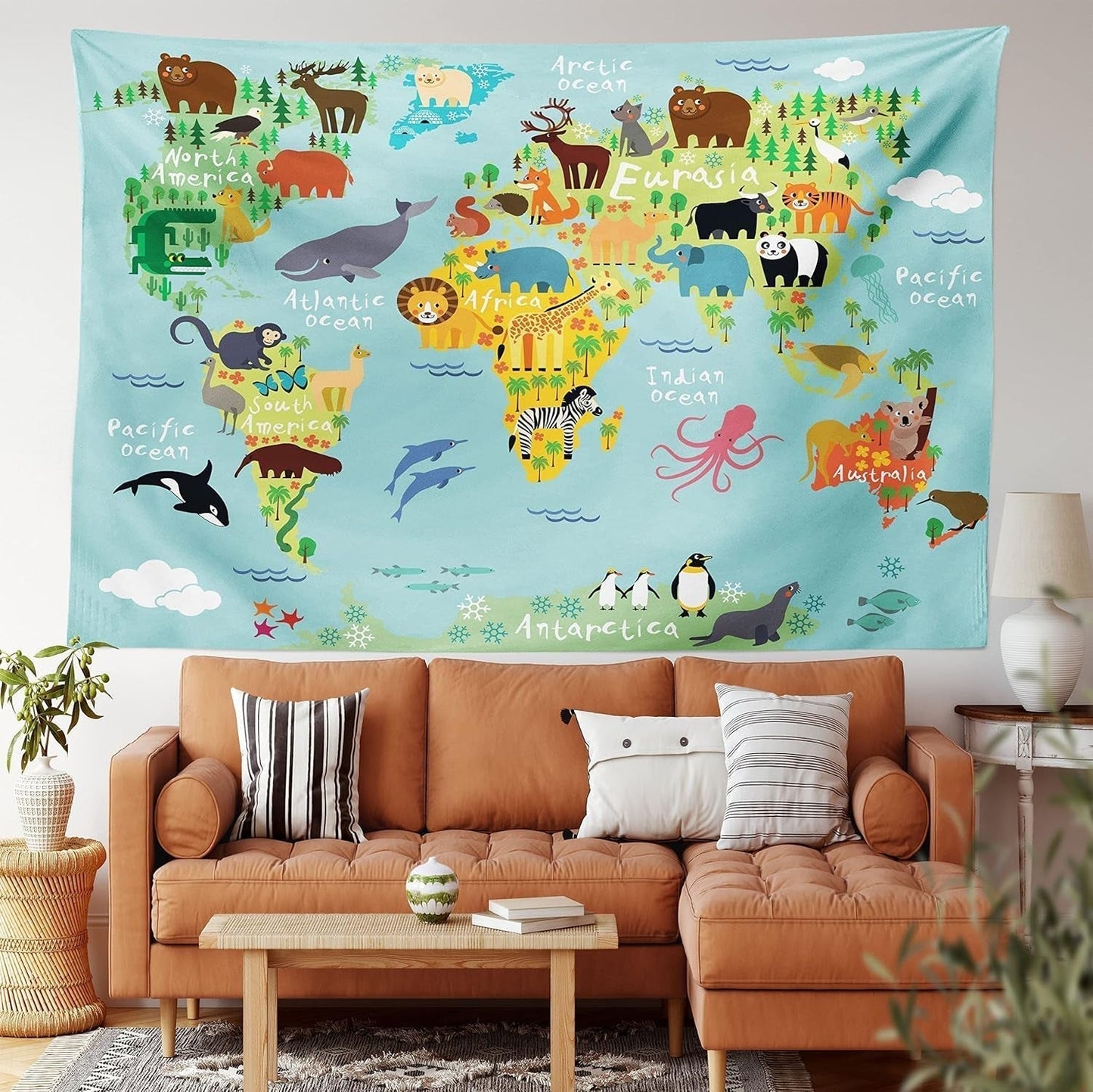 Wandtapijt abakuhaus reislust dierenwereldkaart tekeningen Home - Accessoires en Decoratie Naty Shop