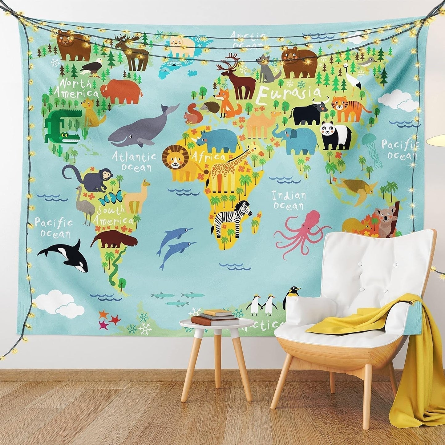 Wandtapijt abakuhaus reislust dierenwereldkaart tekeningen Home - Accessoires en Decoratie Naty Shop