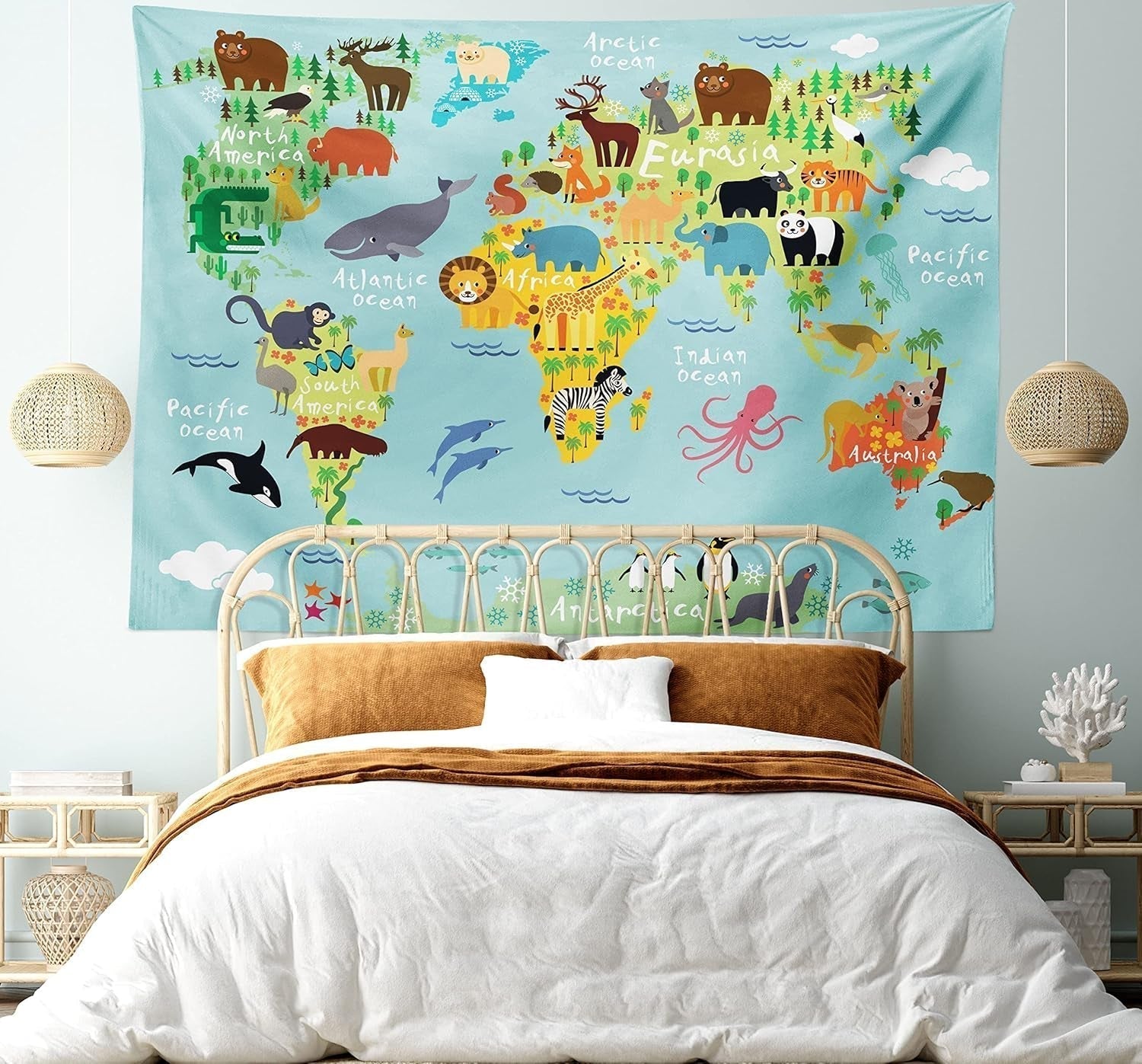 Wandtapijt abakuhaus reislust dierenwereldkaart tekeningen Home - Accessoires en Decoratie Naty Shop